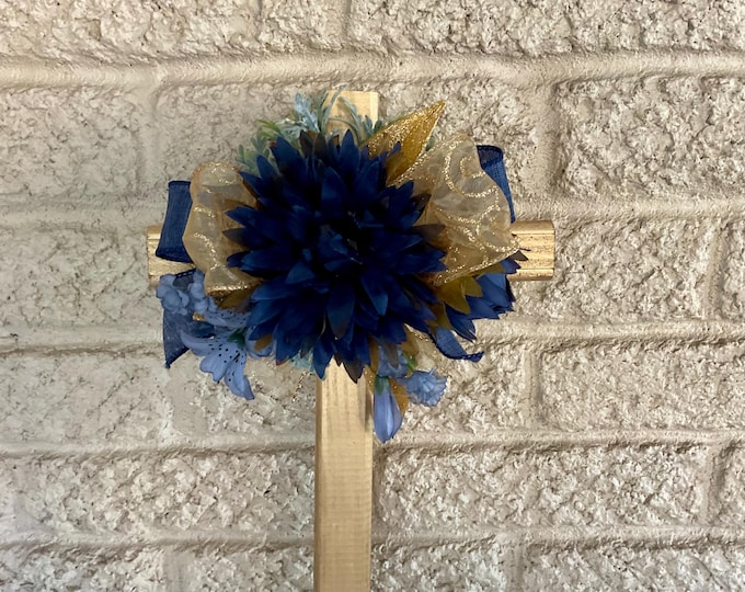 Featured listing image: Winter Cemetery Cross: Christmas Blue florals, Gold Accents