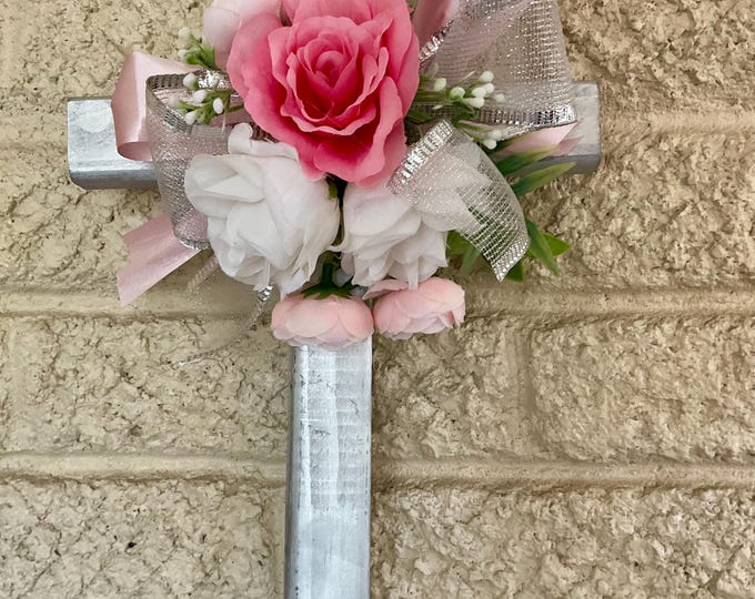 Featured listing image: Pink and White Roses Pink Carnations Cemetery Cross, Female Grave Flowers - 18”