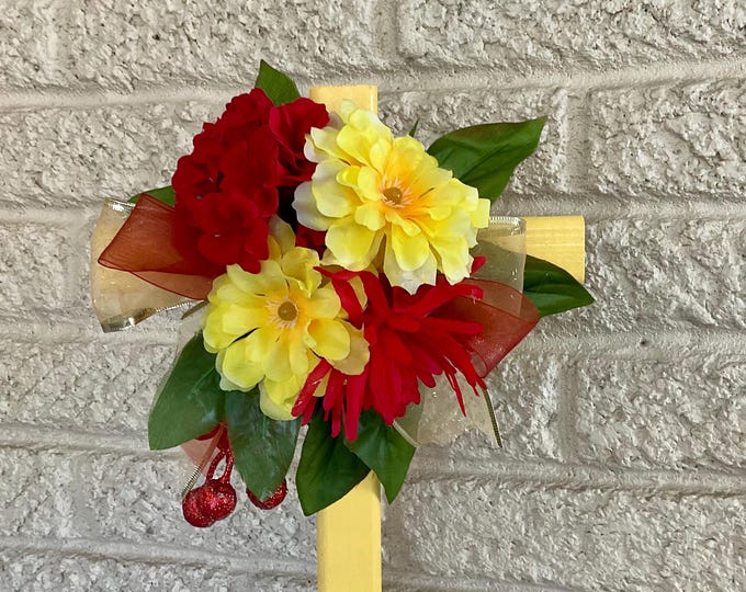 Featured listing image: Floral Cemetery Cross: Yellow Zinnias, Red Geraniums, Memorial Grave Decoration