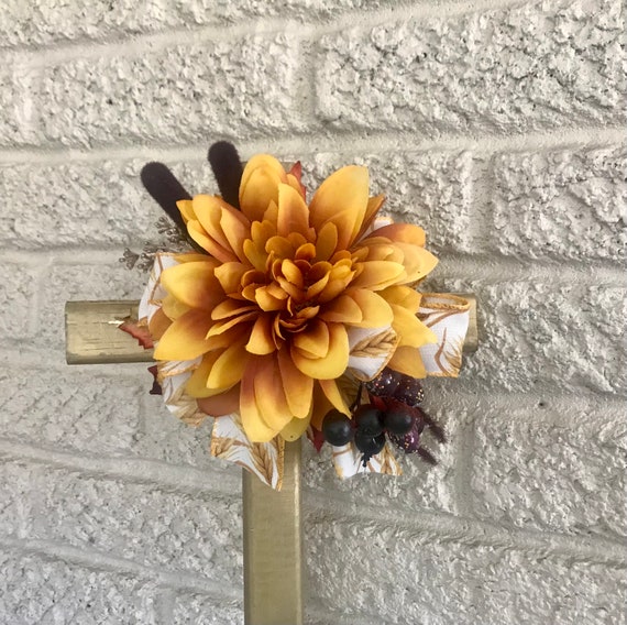 Fall cemetery, holiday grave decoration, autumn memorial stake, cemetery cross