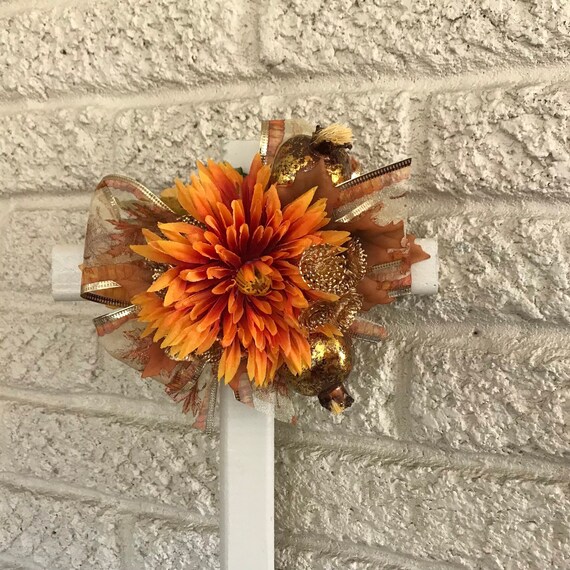Fall cemetery cross, holiday grave decoration, autumn memorial stake, cemetery cross