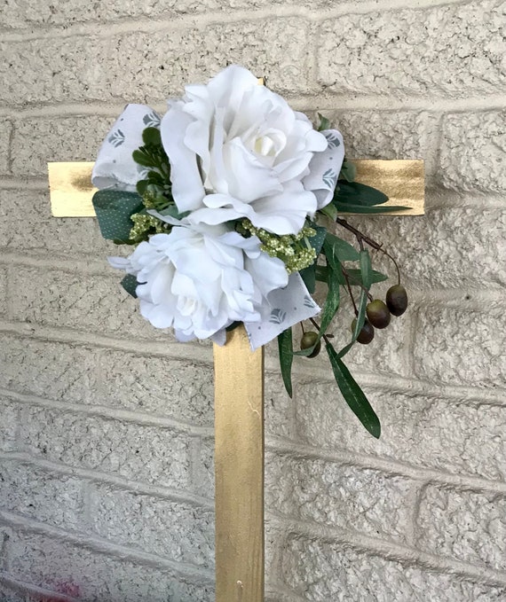 Grave decoration, cross for grave, grave memorial, memorial flowers, cemetery cross, large white roses