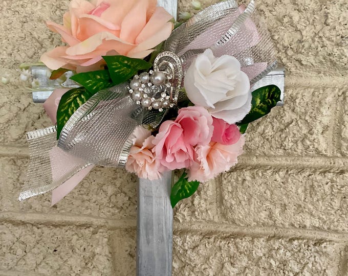 Featured listing image: Cemetery Cross Decoration, Female Grave Flowers, Pink Roses Memorial - 18”