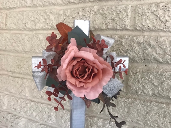 SALE Dusty pink roses cemetery flowers for grave, grave decoration, cross for grave