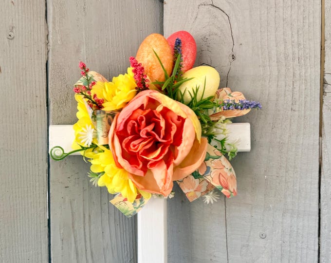 Featured listing image: Easter Peach and Yellow, Floral Cemetery Cross, Grave Decoration, Memorial Flowers