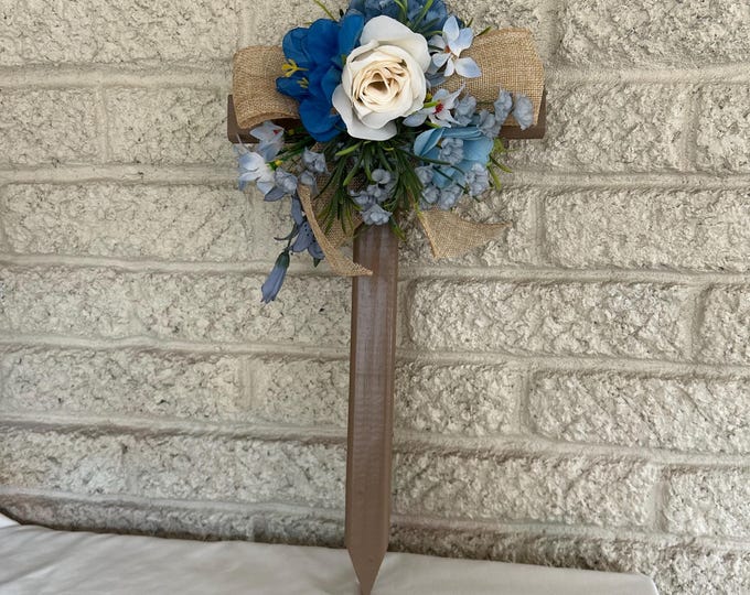 Featured listing image: Floral Cemetery Cross: Blue flowers with Cream Rose Memorial Grave Decoration