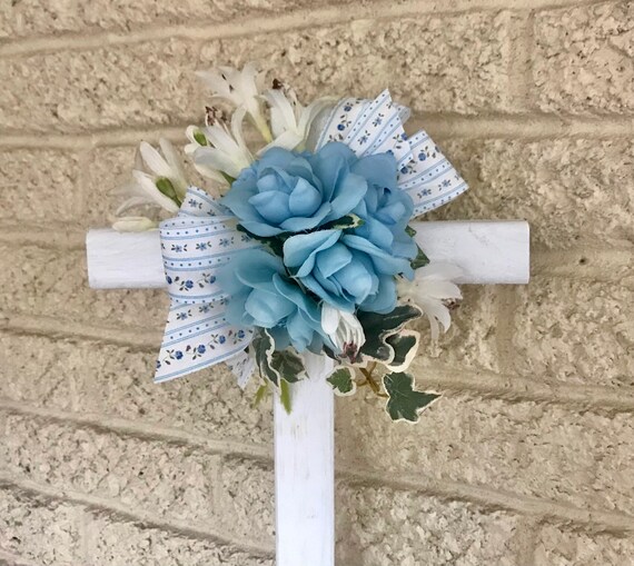 Cemetery cross, grave decoration, memorial flowers, grave marker, spring headstone flowers, blue roses