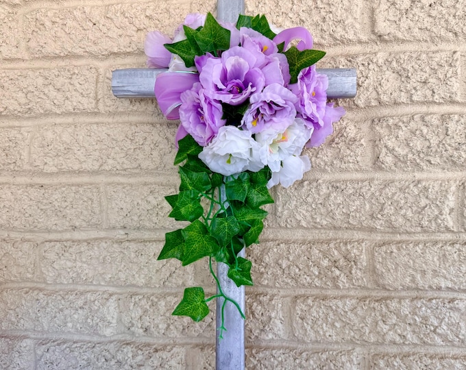 Featured listing image: Silver Pine Cemetery Cross Decoration, Purple White Floral Memorial Grave Arrangement