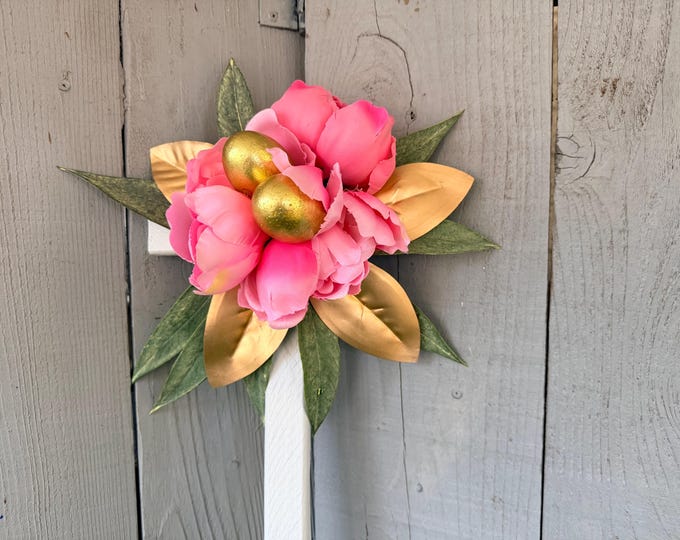 Featured listing image: Easter Pink and Gold, Floral Cemetery Cross, Grave Decoration, Memorial Flowers