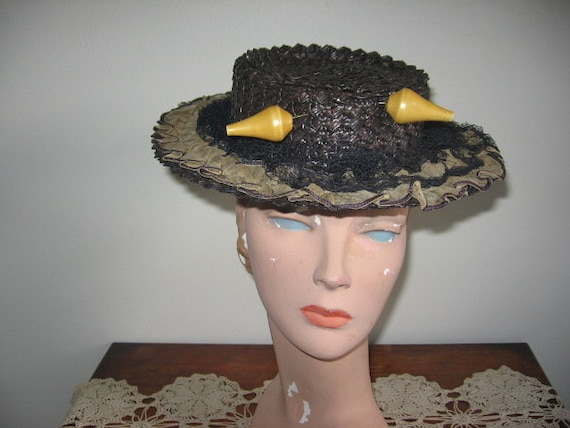 1940's Hat / Sailor / Navy Blue Straw / Ruffle / L