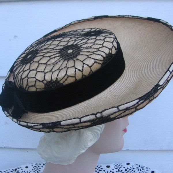 SUPER SALE / 1950's Natural Straw Upturned Brim Hat with Velvet Band and Net Overlay / The Bettie Page