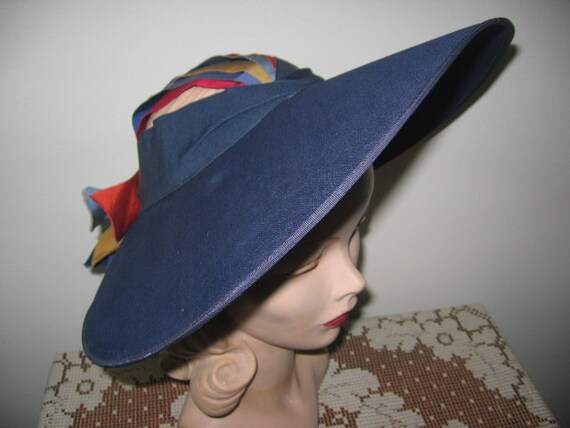 1930's Wide Brimmed Hat / Blue Linen / Colorful Tr