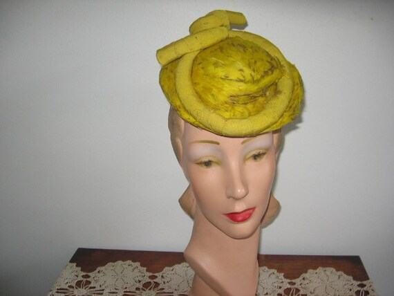 1930's-40's Hat / Mini-Sailor / Yellow Chartreuse… - image 3