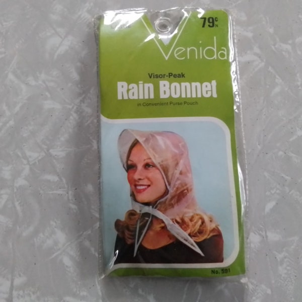 Vintage Rain Bonnet / Visor-Peak / VENIDA / Purse Pouch / NOS / CLEAR w/White Trim