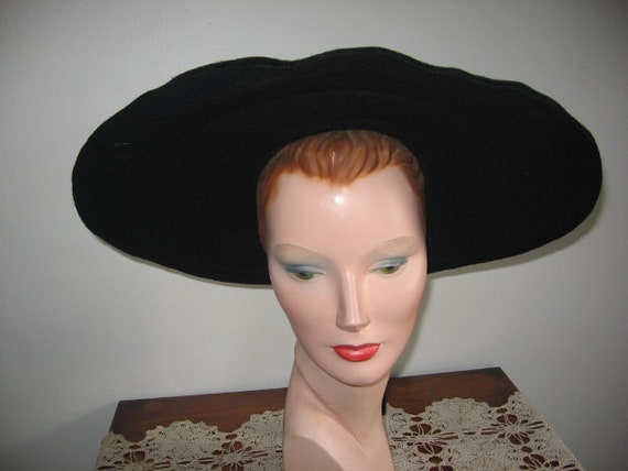 1940's-50's Hat / Cartwheel / Black Wool / New Yor