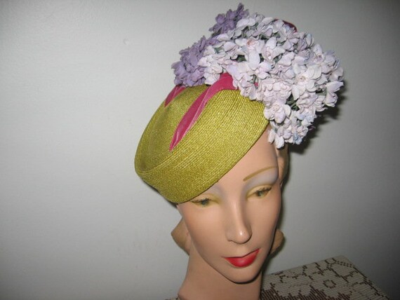 1940's Straw Hat / Pillbox / Chartreuse / Custom M
