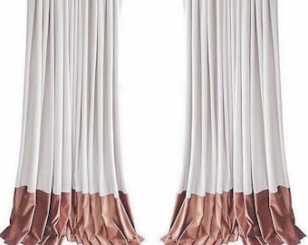 White and Rose Gold Velvet Curtains, Color Block Drapes, Custom Made