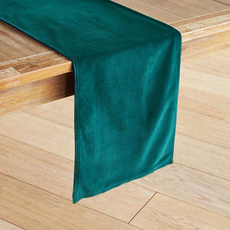 Custom Christmas Decor, Green Velvet Table Runner, Christmas Table Centrepiece Decor, Table Runner, Peacock Green Luxury Velvet Table Cloth image 3