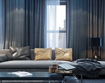 Dark Blue Grey Velvet Curtains, 70% Light Blocking, Custom Rod Pocket Drapes