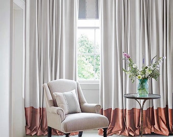 White & Rose Gold Color Block Velvet Curtains, Luxury Matt Velvet