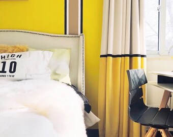 Color Block Velvet Curtain Panel, Yellow & Grey, Kids Bedroom