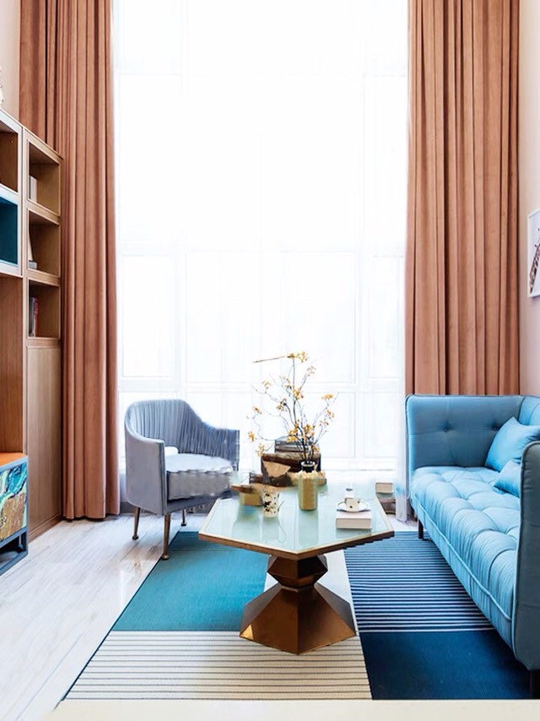 Luxury Rose Gold Matte Velvet Curtains, Vintage Style Living Room