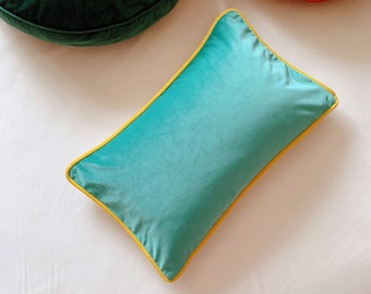 Green & White Lumbar Pillow, Luxury Bohemian Velvet Bench Cushion Cover 12” x 20”, Turquoise Green and White Double Sided Pillow Cover