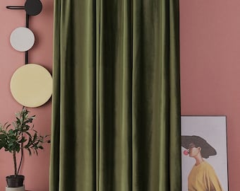 Luxury Olive Green Matte Velvet Curtain, Custom Made Rod Pocket Curtain Panel