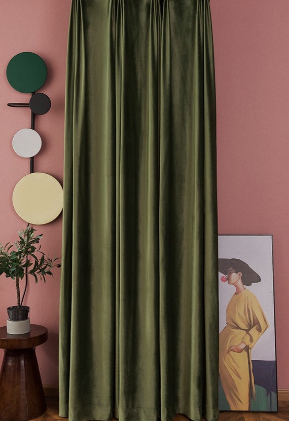 Cortina de terciopelo mate verde oliva de lujo, panel de cortina