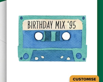 Retro Mixtape Birthday Card, Funny 90s Nostalgia Card for Him or Her, Birthday Mix Cassette Tape Card, Blank Inside Greeting Card