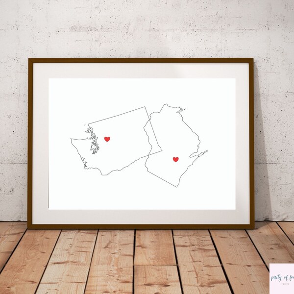 Mapa de impresión conectado personalizado de dos estados con corazón, imprimible digitalmente para boda, regalo de larga distancia o aniversario, regalo de despedida