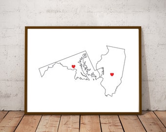 Mapa de impresión conectado de dos estados personalizados con corazón, imprimible digitalmente para bodas, compromisos o largas distancias, regalo de Going Away