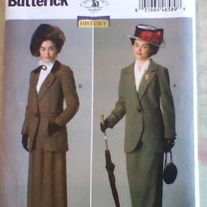 May include: Butterick sewing pattern B6337 featuring two women's historical suits. One suit is brown with a skirt and jacket, the other is olive green with a skirt and jacket. The pattern includes sizes 14-22.