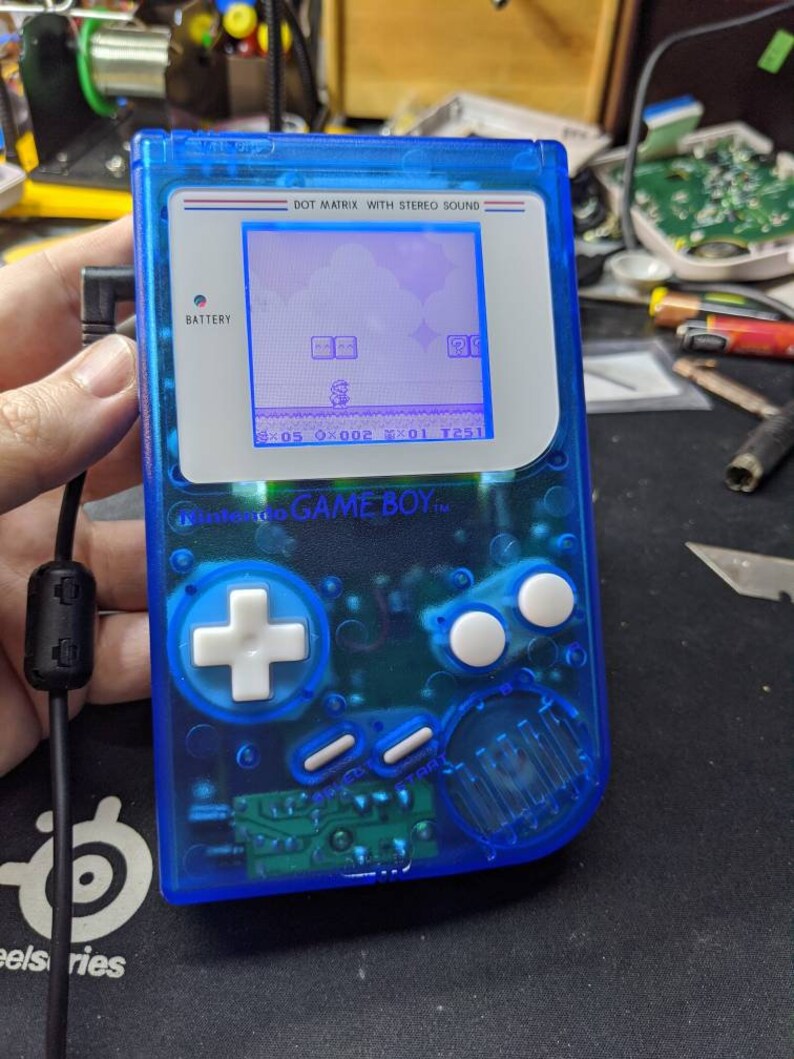 Customized/modded Clear Blue Game Boy DMG001 With Biverted White Back