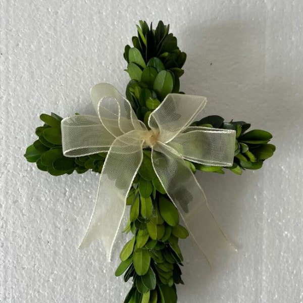 Preserved Boxwood Mini Cross w/Sheer Ribbon 8"x6"-Godmother-Goddaughter-Christmas-Easter-Farmhouse Decor-Spring
