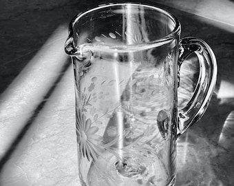 Tall Wide Cylinder Glass Pitcher Hand Etched with Flower