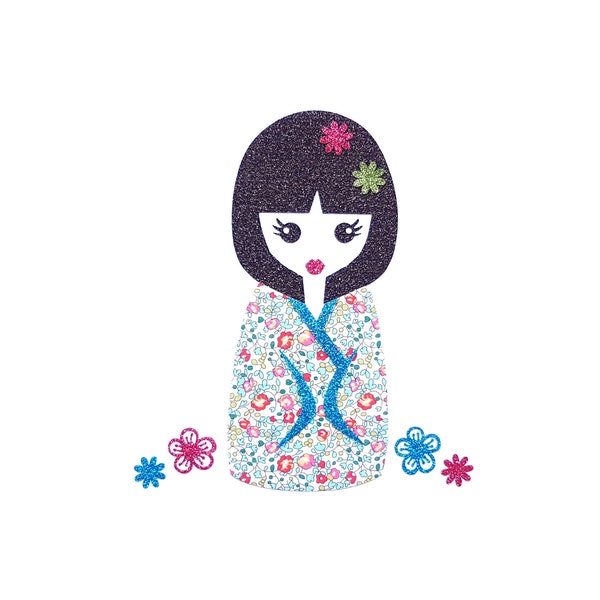 Patch poupée japonaise en Liberty pour personnaliser vos textiles, appliqué thermocollant kokeshi