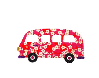 Van hippie thermocollant pour décorer vêtement, appliqué thermocollant en Liberty Mitsi Hot pink et flex pailleté