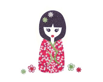 Nippon, doll, kokeshi, iron on, applique, fabric, japan, geisha pattern, custom clothing, home decor, sparkle, heat transfer, kokeshi doll