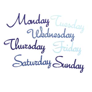 Könnte beinhalten: Ein Grafikdesign mit den Tagen der Woche in einem Blauverlauf, beginnend mit Montag in Dunkelblau und endend mit Sonntag in Hellblau.