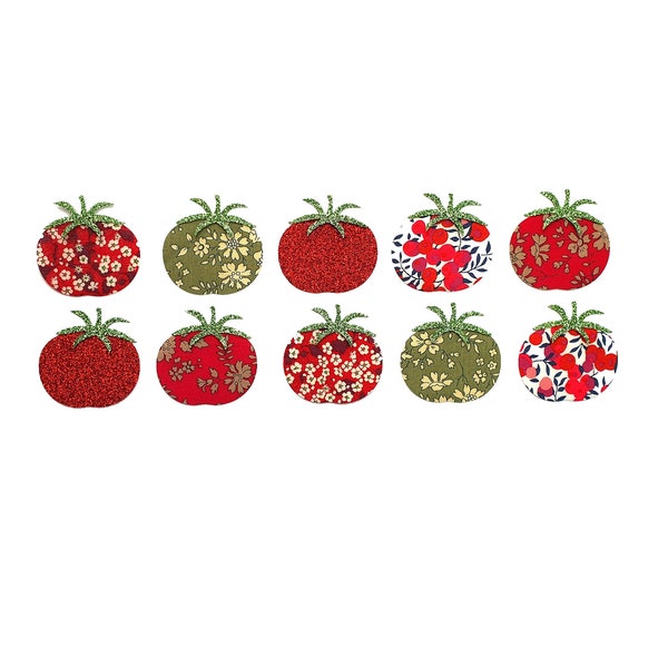 Lot de petites tomates thermocollantes en tissu Liberty et flex pailleté