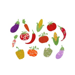 Puede incluir: Una colección de verduras de fieltro de colores, que incluyen tomates rojos, pimientos verdes, berenjenas moradas, calabazas naranjas, maíz amarillo y chiles rojos. Las verduras están dispuestas en círculo sobre un fondo blanco.