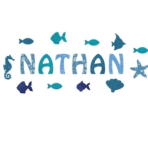 Parche con la letra del nombre del niño para personalizar el bolso, la ropa y el cojín con motivos marinos. Letras Liberty Capel y flex azul con purpurina