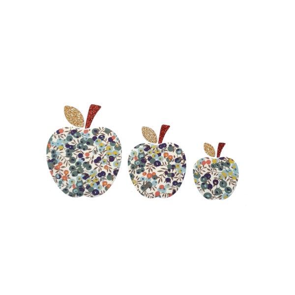 Aplique, patch termocolante, emblema, maçãs, conjunto, decoração, decoração de avental, tecido, Liberty Wiltshire, vermelho, brilhante, fruta, verão