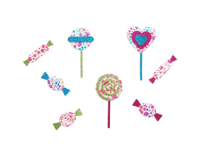 Set of sweets iron on patch for customize clothing lollipops and candies made in Liberty fabric and glitter birthday party items