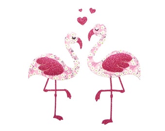 Patch couple de flamants pour personnaliser vêtement, sac, trousse. Appliqués thermocollants flamants en Liberty Phoebe