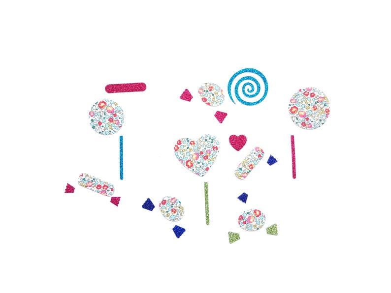 Set of sweets iron on patch for customize clothing lollipops and candies made in Liberty fabric and glitter birthday party items