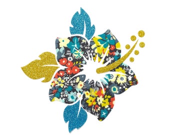 Flower, hibiscus, applique, iron on, patch, fabric, glitter, sparkle, blue, yellow, home decor, custom clothing, pillow, exotic, nature