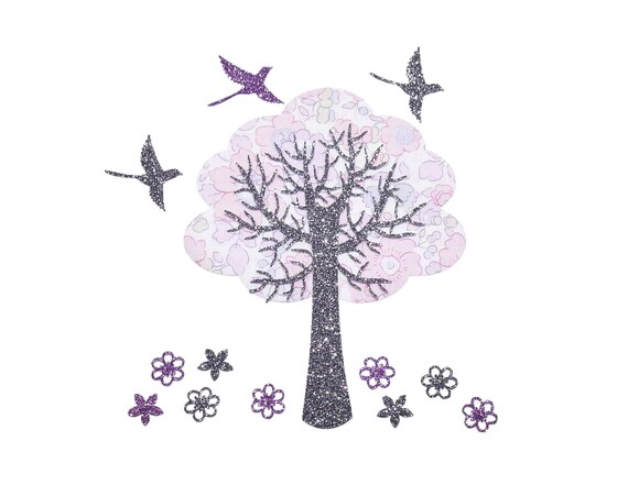 Arbre Oiseaux Appliqué Thermocollant écusson Patch Nature Fleurs Décoration Coussin Mauve Gris Pailleté Liberty Betsy Rose