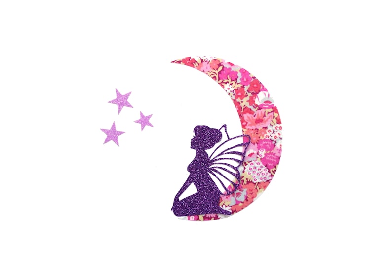 fabric iron on custom clothing ornament Mitsi custom pillow craft supply Liberty patch Fairy glitter parme moon stars